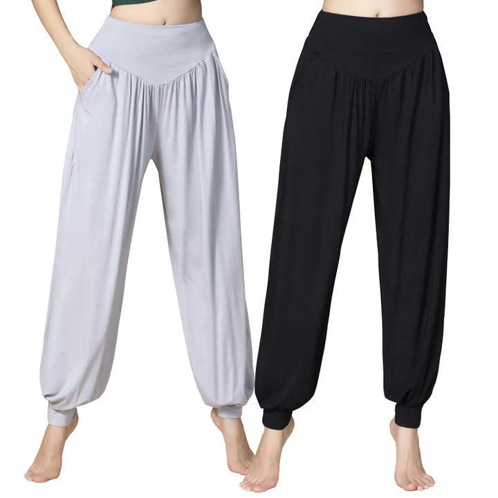 Pantalon Sarouel Taille Haute en Modal Uni avec Poches – Yoga & Danse