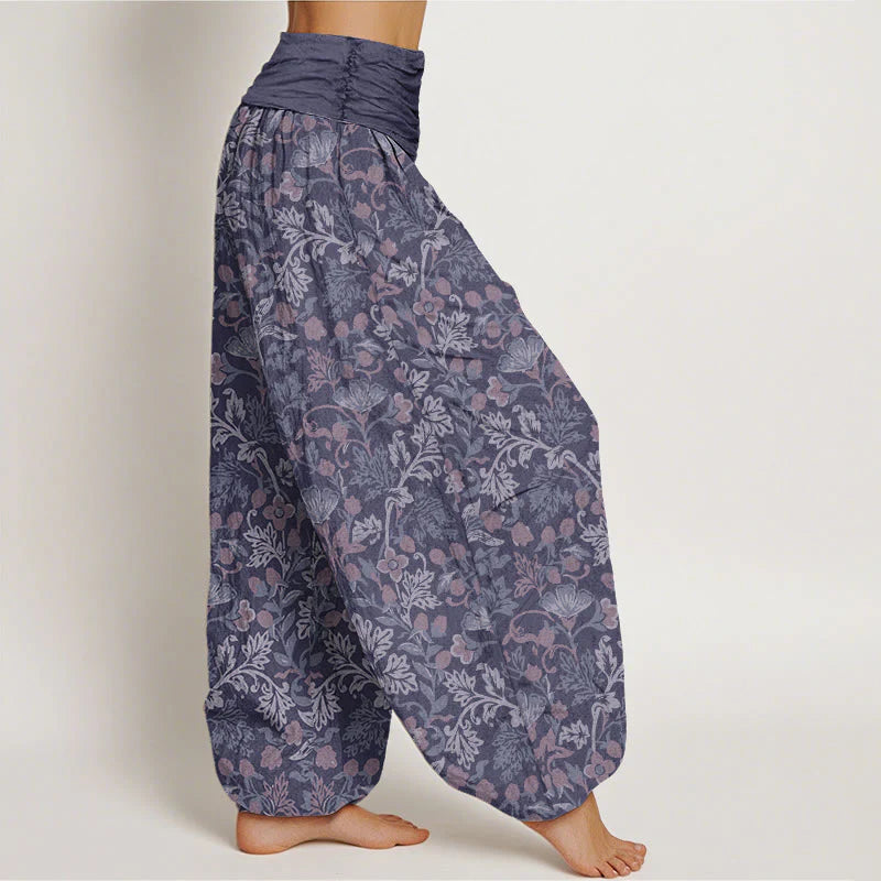 Pantalon Sarouel Décontracté pour Femme à Taille Élastique avec Motif de Fleurs, de Lianes et de Feuilles