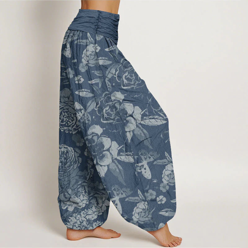 Pantalon Sarouel Décontracté pour Femme à Taille Élastique avec Motif de Fleurs de Pivoine et Feuilles