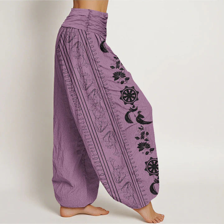Pantalon Sarouel pour Femme à Taille Élastique avec Motif de Roue du Dharma, Lotus et Symbole OM