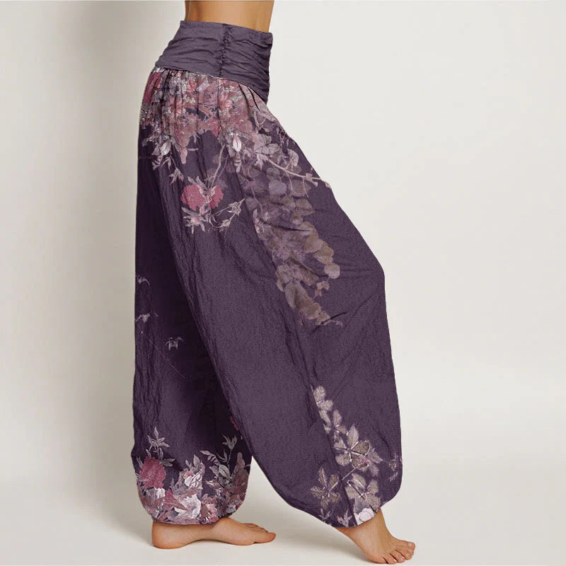 Pantalon Sarouel pour Femme à Taille Élastique avec Motif de Grues, Fleurs et Nuages Auspicieux