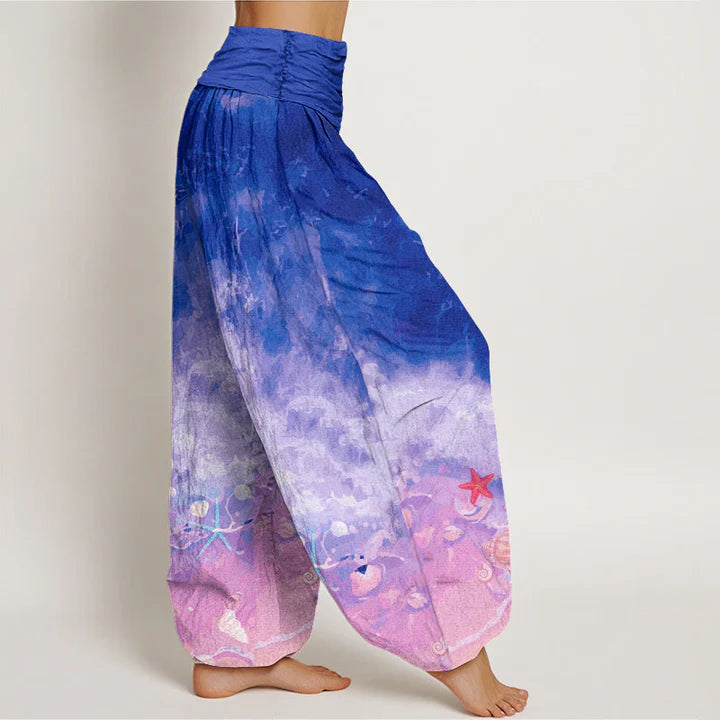 Pantalon Sarouel pour Femme à Taille Élastique – Motif Océan Vast et Étoiles de Mer