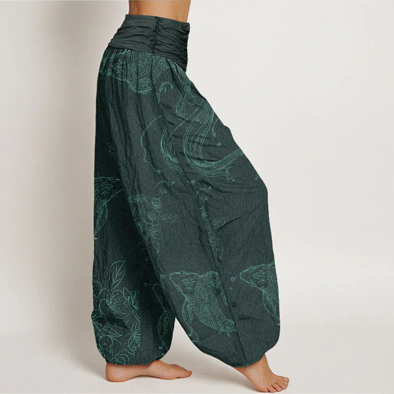 Pantalon Sarouel pour Femme à Taille Élastique avec Motif de Carpes Koï et de Fleurs