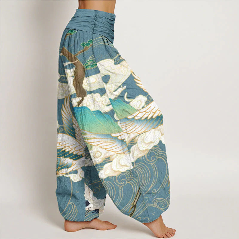 Pantalon Sarouel pour Femme à Taille Élastique avec Motif de Grues Volantes, de Nuages Auspicieux et d’Arbres