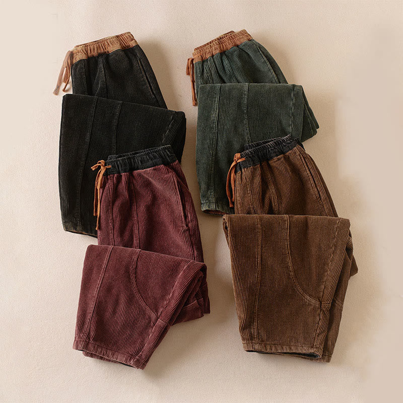 Pantalon Sarouel pour Femme en Coton Côtelé à Contraste de Couleurs, Doublé Polaire Thermique, avec Poches