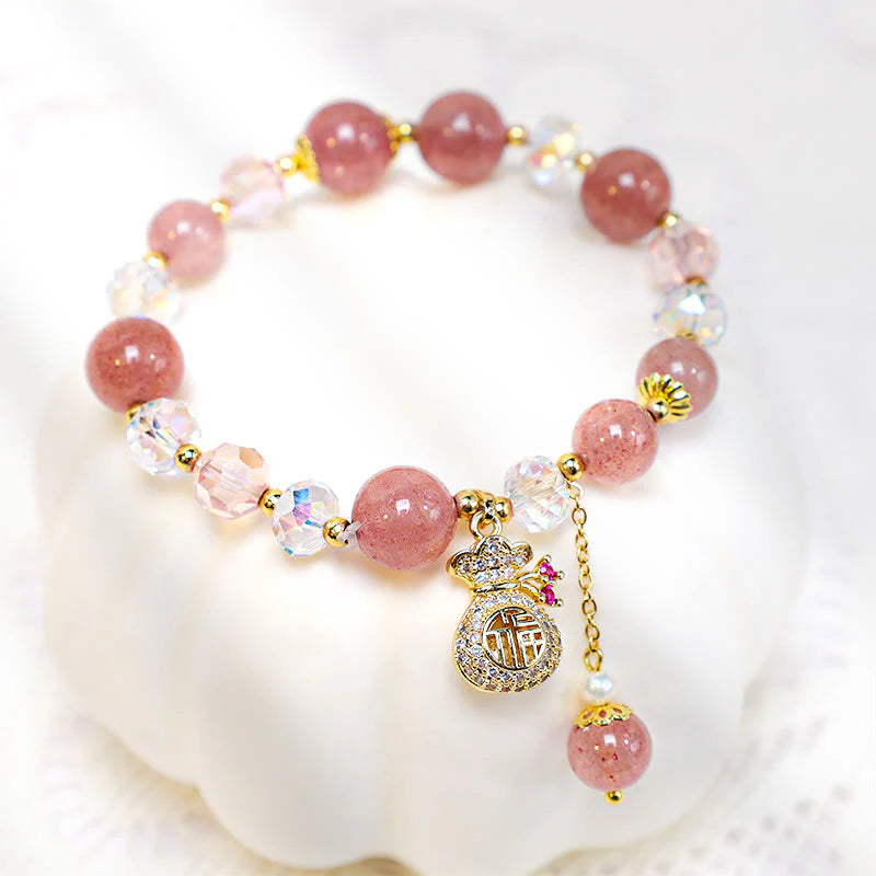 Bracelet Positif en Quartz Fraise Naturel — Charme Sac d’Argent, Amour & Guérison