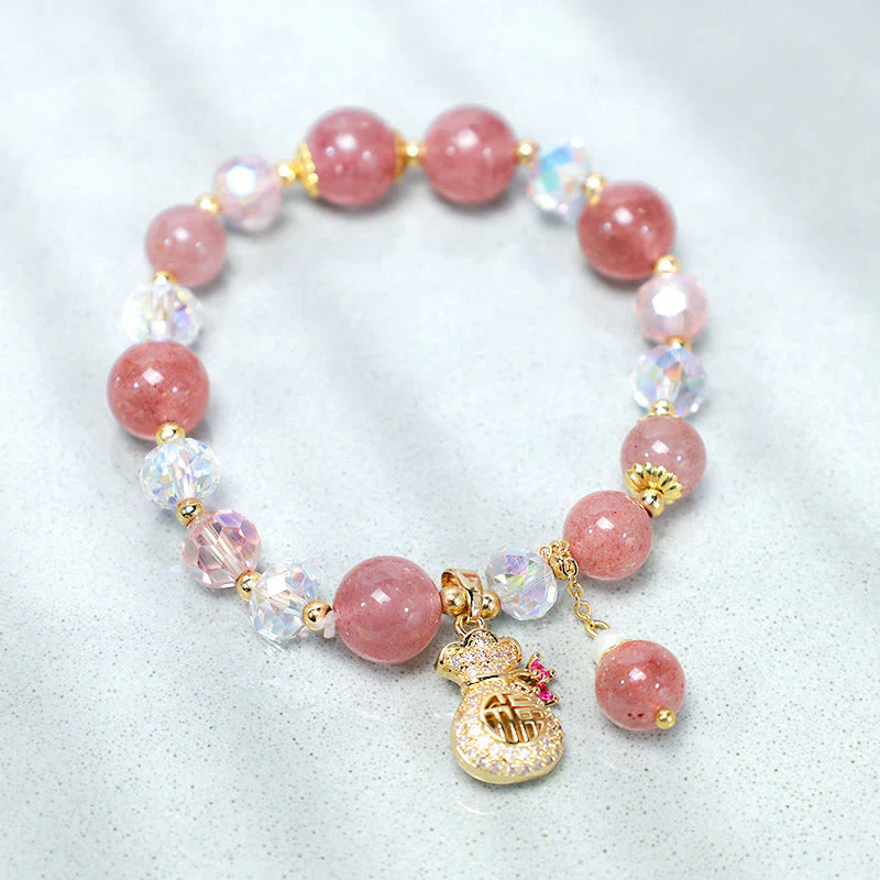 Bracelet Positif en Quartz Fraise Naturel — Charme Sac d’Argent, Amour & Guérison
