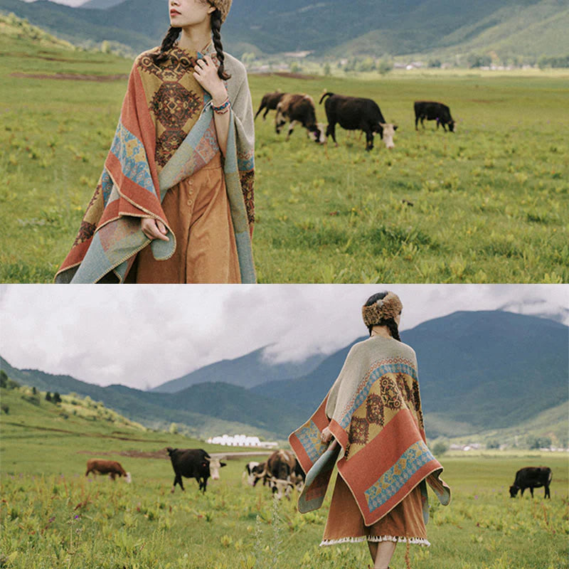 Châle Tibétain à Motif de Losanges – Écharpe Manteau Chaude d’Hiver