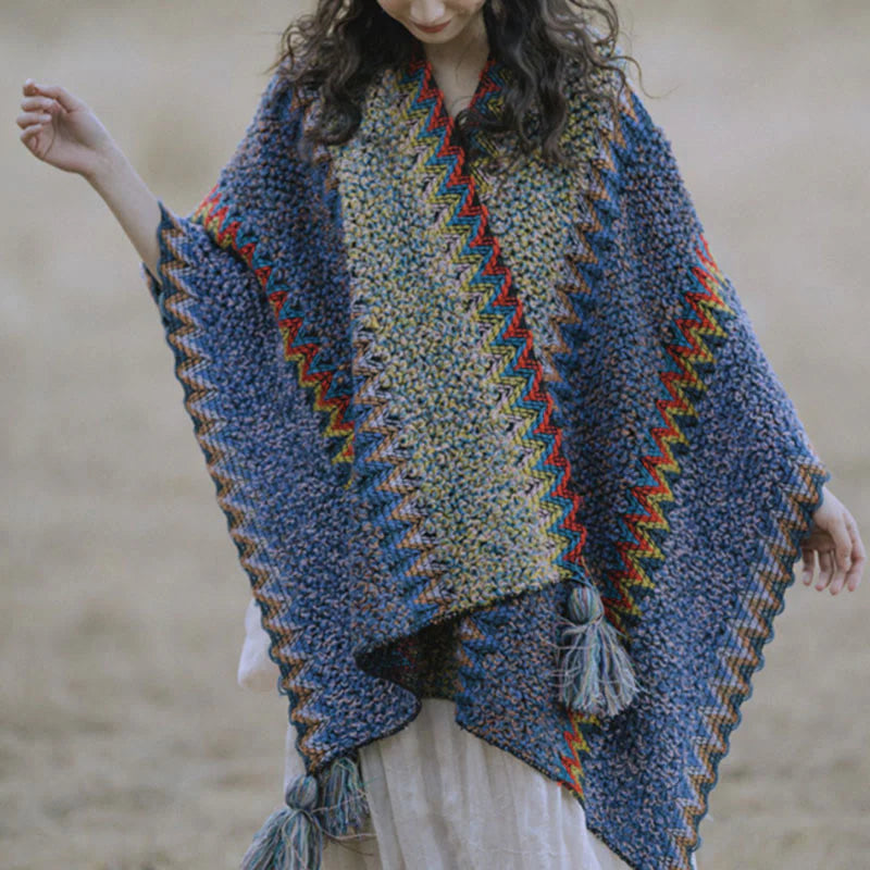 Châle Tibétain Tricoté Doux et Chaud avec Franges – Écharpe Manteau d’Hiver