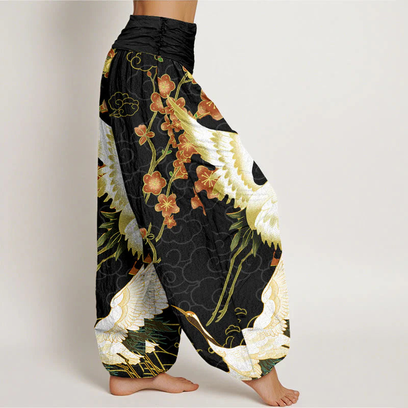 Pantalon Sarouel pour Femme à Taille Élastique avec Motif de Grues, Fleurs et Nuages Auspicieux
