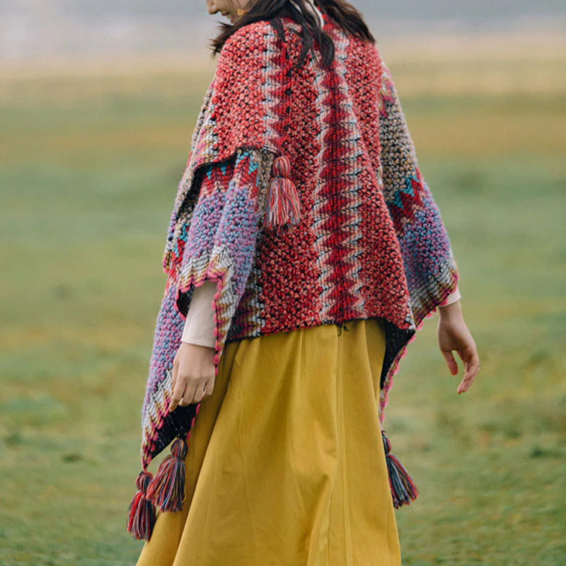 Châle Tibétain Tricoté Chaud avec Franges – Écharpe Châle Tibétaine