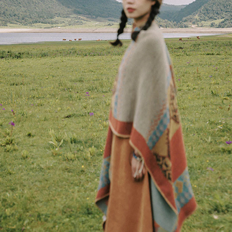 Châle Tibétain à Motif de Losanges – Écharpe Manteau Chaude d’Hiver