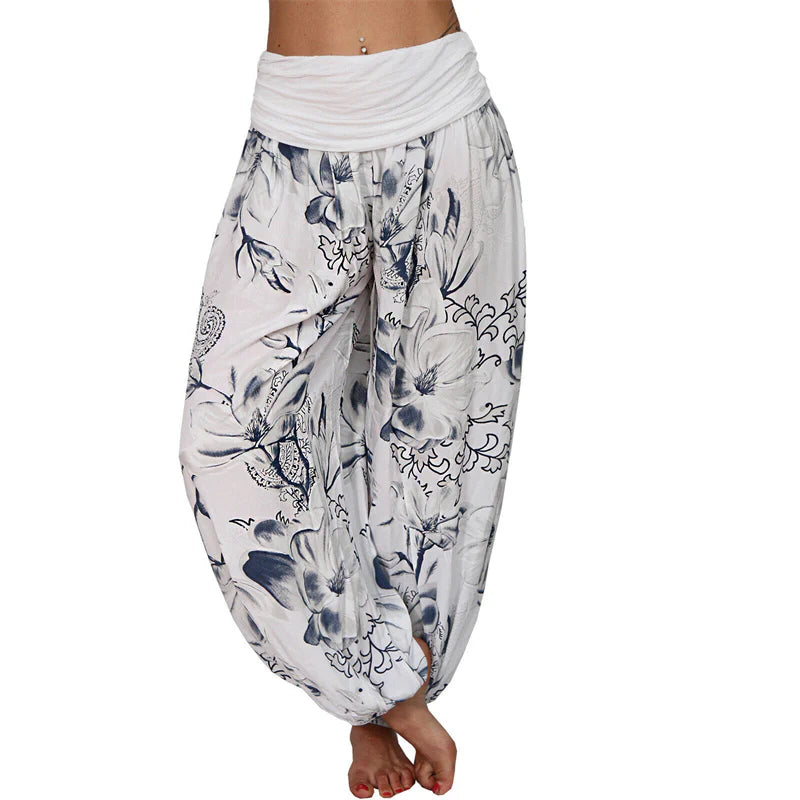 Pantalon Sarouel Ample pour Femme à Motif de Fleurs et de Feuilles – Pantalon de Yoga
