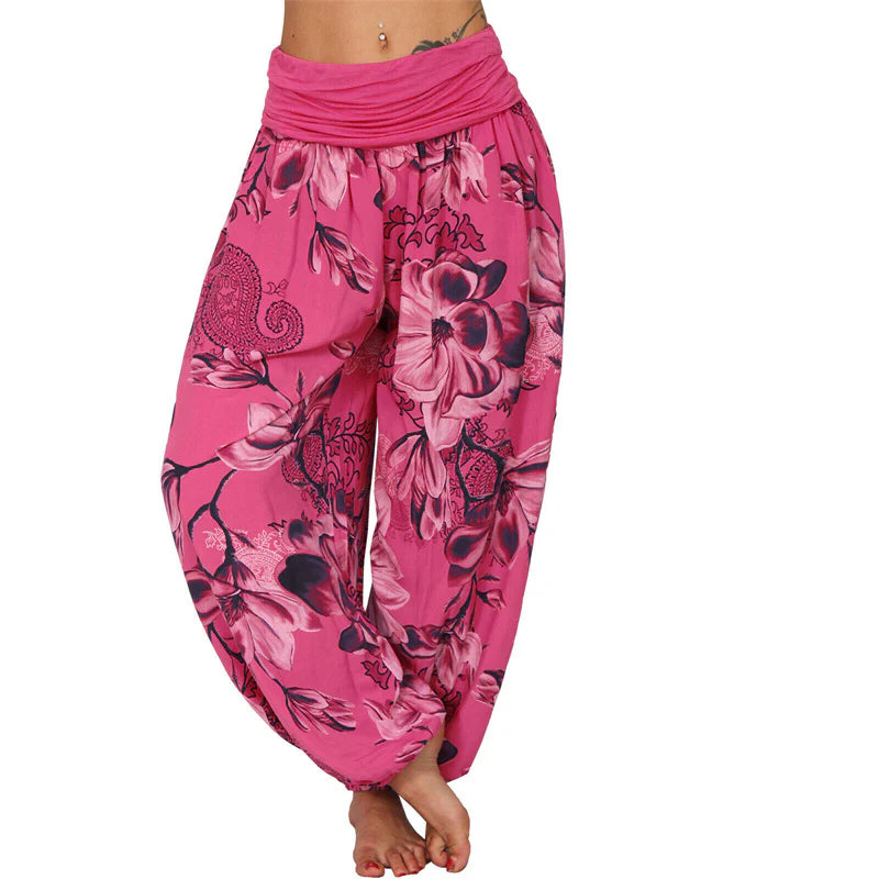 Pantalon Sarouel Ample pour Femme à Motif de Fleurs et de Feuilles – Pantalon de Yoga
