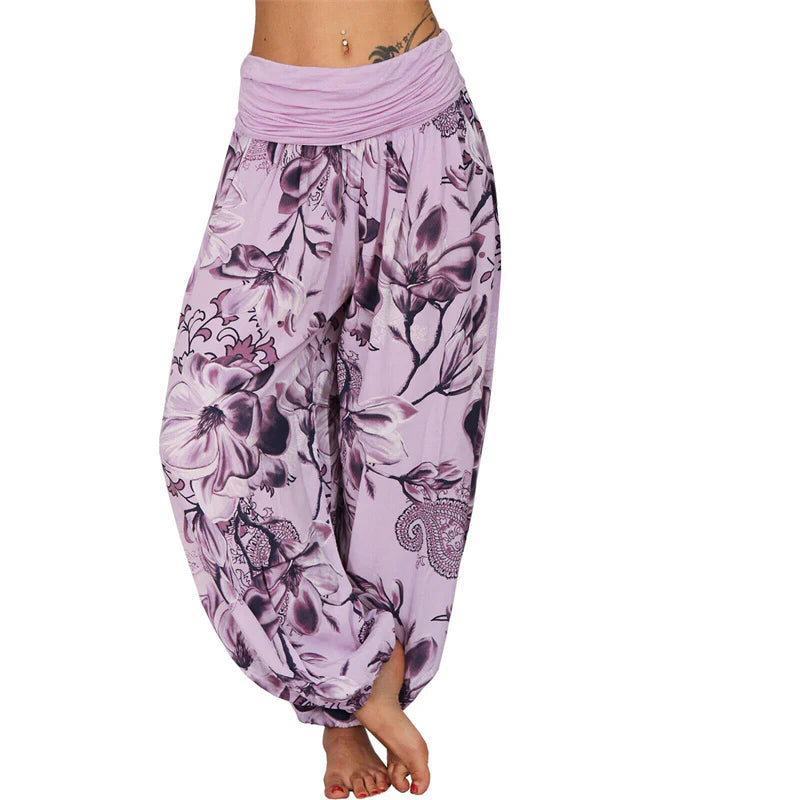 Pantalon Sarouel Ample pour Femme à Motif de Fleurs et de Feuilles – Pantalon de Yoga