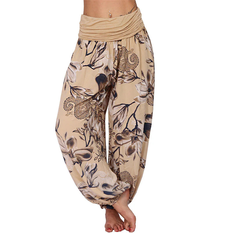 Pantalon Sarouel Ample pour Femme à Motif de Fleurs et de Feuilles – Pantalon de Yoga