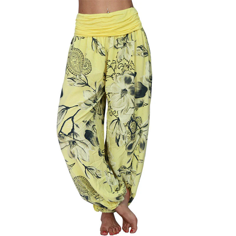 Pantalon Sarouel Ample pour Femme à Motif de Fleurs et de Feuilles – Pantalon de Yoga