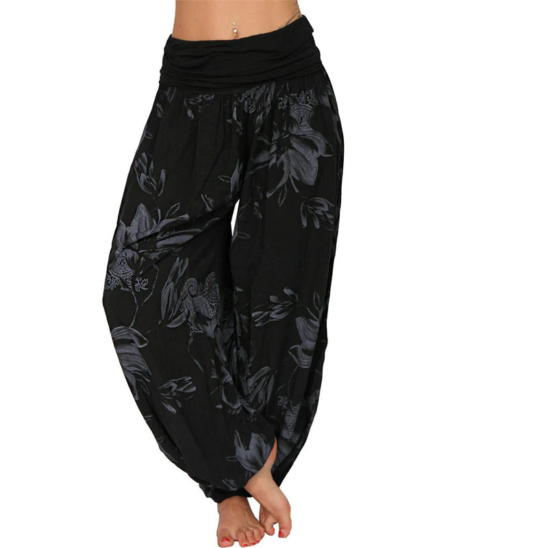Pantalon Sarouel Ample pour Femme à Motif de Fleurs et de Feuilles – Pantalon de Yoga