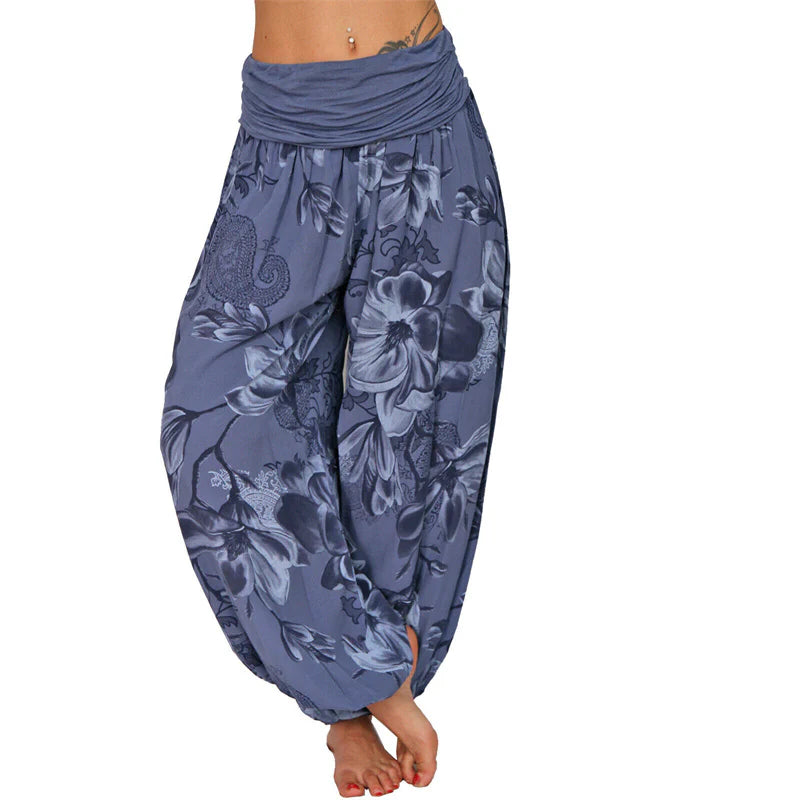 Pantalon Sarouel Ample pour Femme à Motif de Fleurs et de Feuilles – Pantalon de Yoga