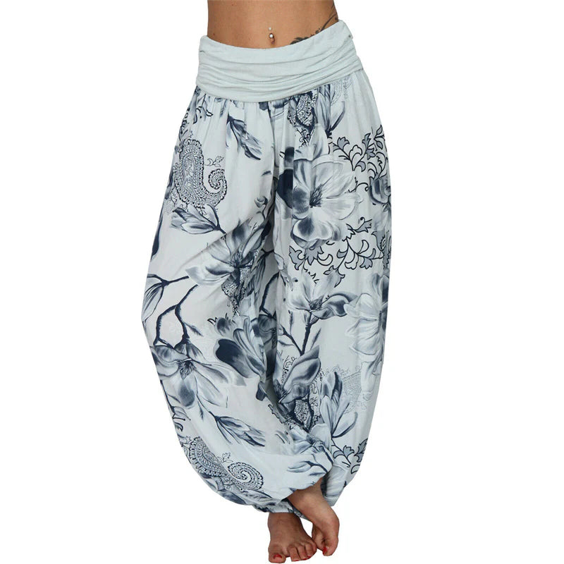 Pantalon Sarouel Ample pour Femme à Motif de Fleurs et de Feuilles – Pantalon de Yoga