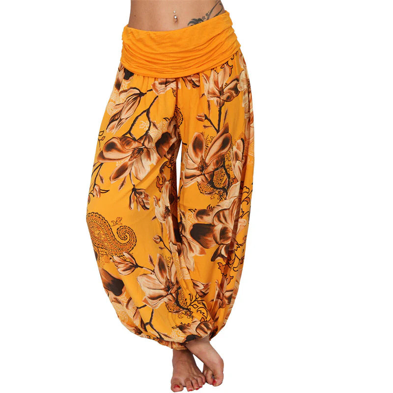Pantalon Sarouel Ample pour Femme à Motif de Fleurs et de Feuilles – Pantalon de Yoga