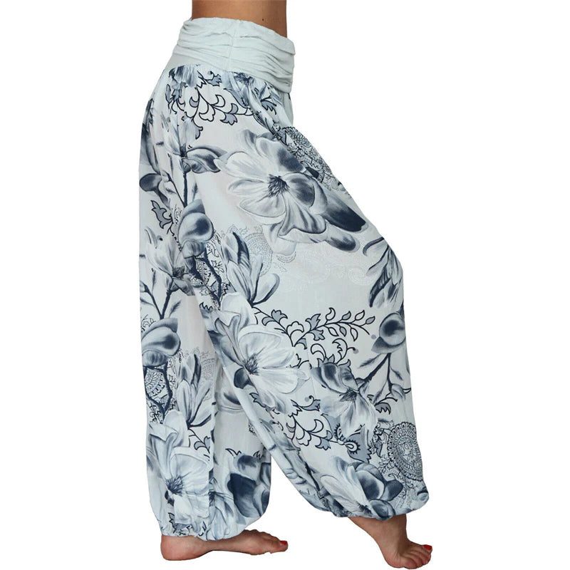 Pantalon Sarouel Ample pour Femme à Motif de Fleurs et de Feuilles – Pantalon de Yoga