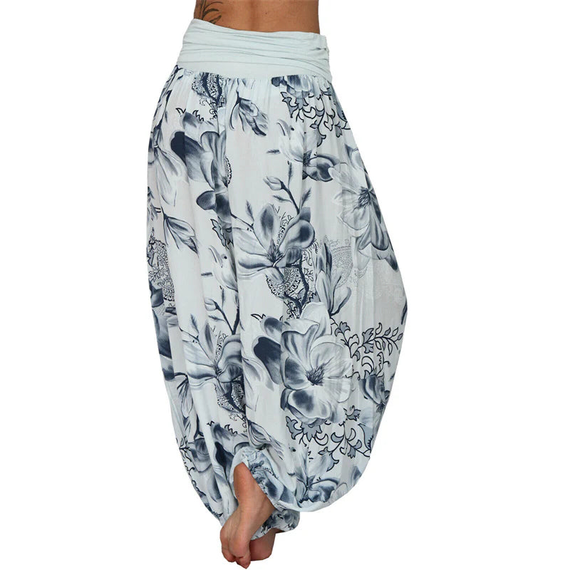 Pantalon Sarouel Ample pour Femme à Motif de Fleurs et de Feuilles – Pantalon de Yoga