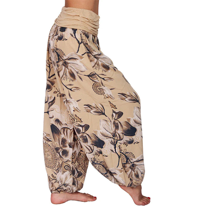 Pantalon Sarouel Ample pour Femme à Motif de Fleurs et de Feuilles – Pantalon de Yoga