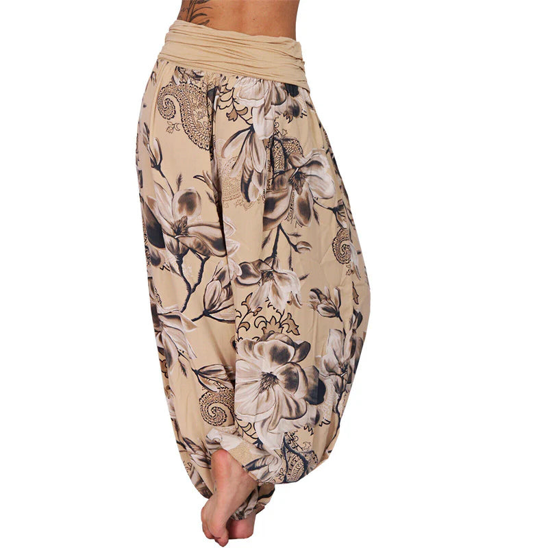 Pantalon Sarouel Ample pour Femme à Motif de Fleurs et de Feuilles – Pantalon de Yoga