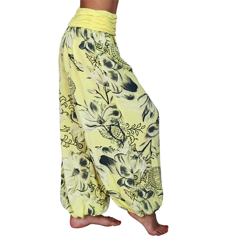 Pantalon Sarouel Ample pour Femme à Motif de Fleurs et de Feuilles – Pantalon de Yoga