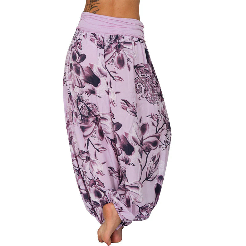 Pantalon Sarouel Ample pour Femme à Motif de Fleurs et de Feuilles – Pantalon de Yoga