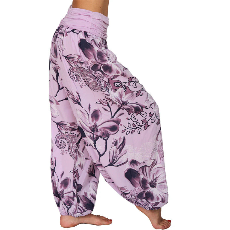 Pantalon Sarouel Ample pour Femme à Motif de Fleurs et de Feuilles – Pantalon de Yoga