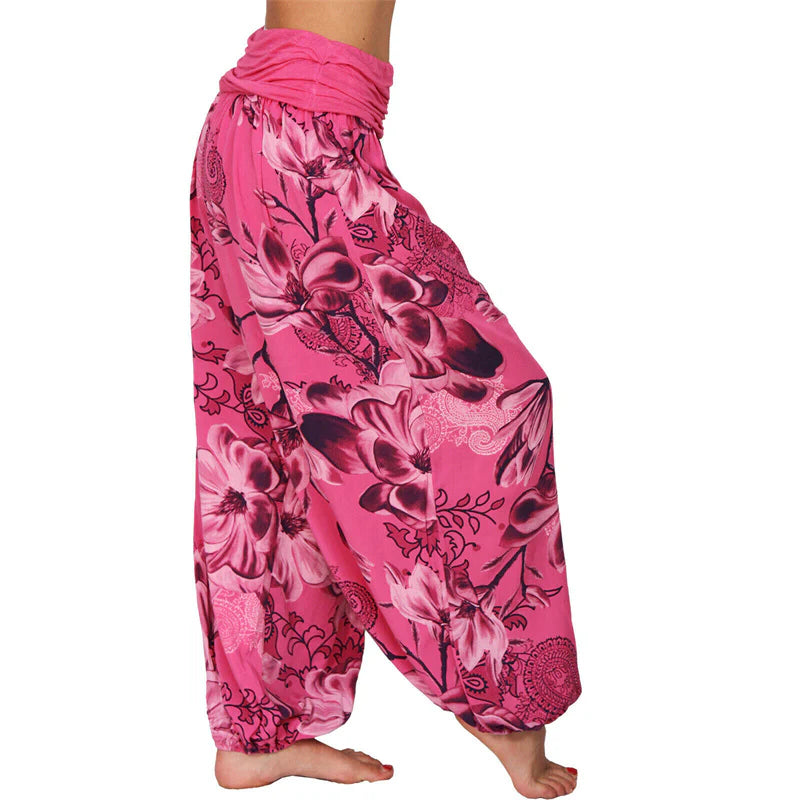 Pantalon Sarouel Ample pour Femme à Motif de Fleurs et de Feuilles – Pantalon de Yoga