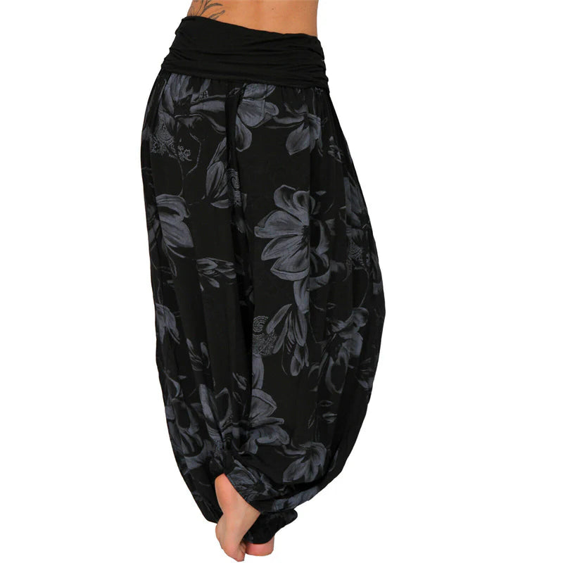 Pantalon Sarouel Ample pour Femme à Motif de Fleurs et de Feuilles – Pantalon de Yoga