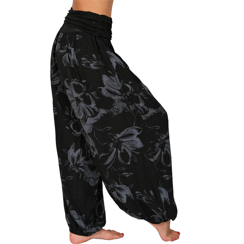 Pantalon Sarouel Ample pour Femme à Motif de Fleurs et de Feuilles – Pantalon de Yoga