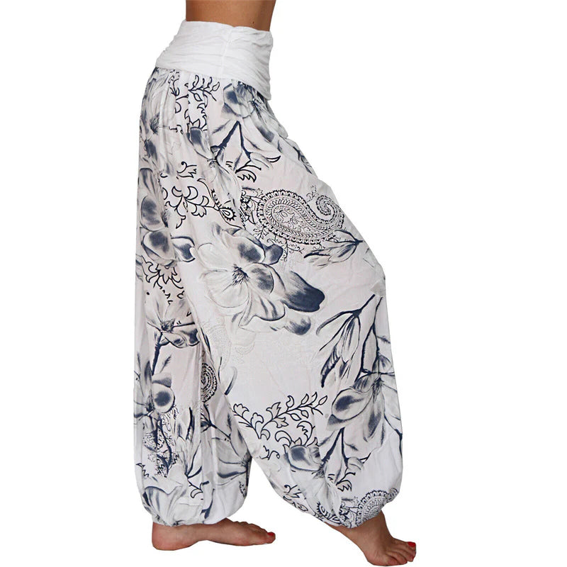 Pantalon Sarouel Ample pour Femme à Motif de Fleurs et de Feuilles – Pantalon de Yoga