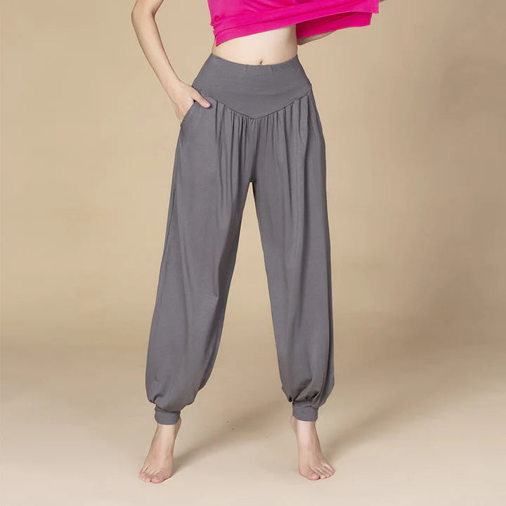 Pantalon Sarouel Taille Haute en Modal Uni avec Poches – Yoga & Danse
