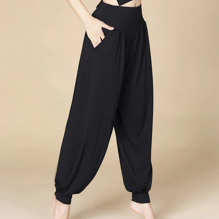 Pantalon Sarouel Taille Haute en Modal Uni avec Poches – Yoga & Danse