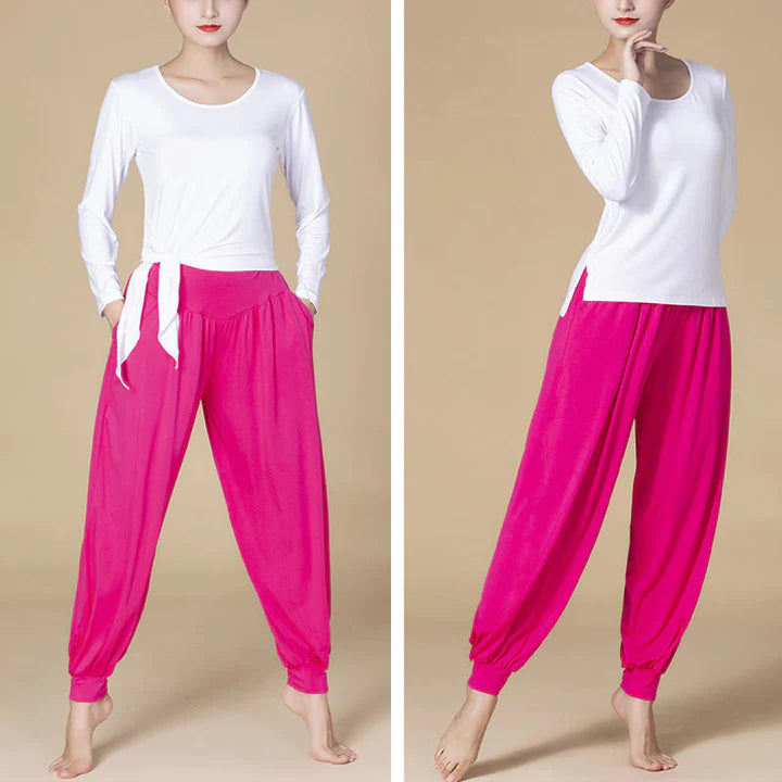 Pantalon Sarouel Taille Haute en Modal Uni avec Poches – Yoga & Danse
