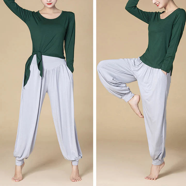 Pantalon Sarouel Taille Haute en Modal Uni avec Poches – Yoga & Danse