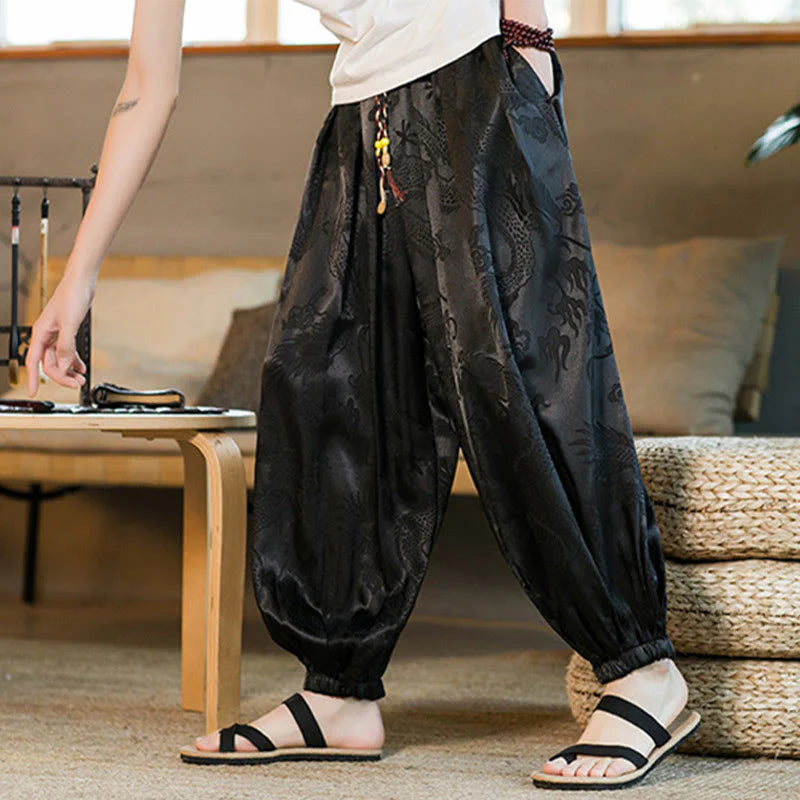 Pantalon Sarouel Ample pour Homme avec Motif de Dragon et Poches