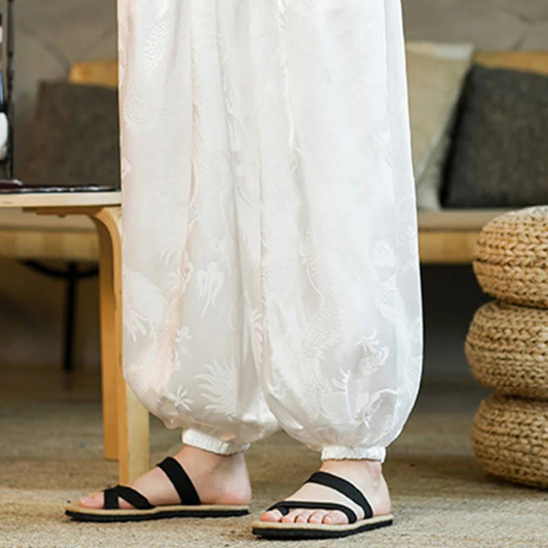 Pantalon Sarouel Ample pour Homme avec Motif de Dragon et Poches