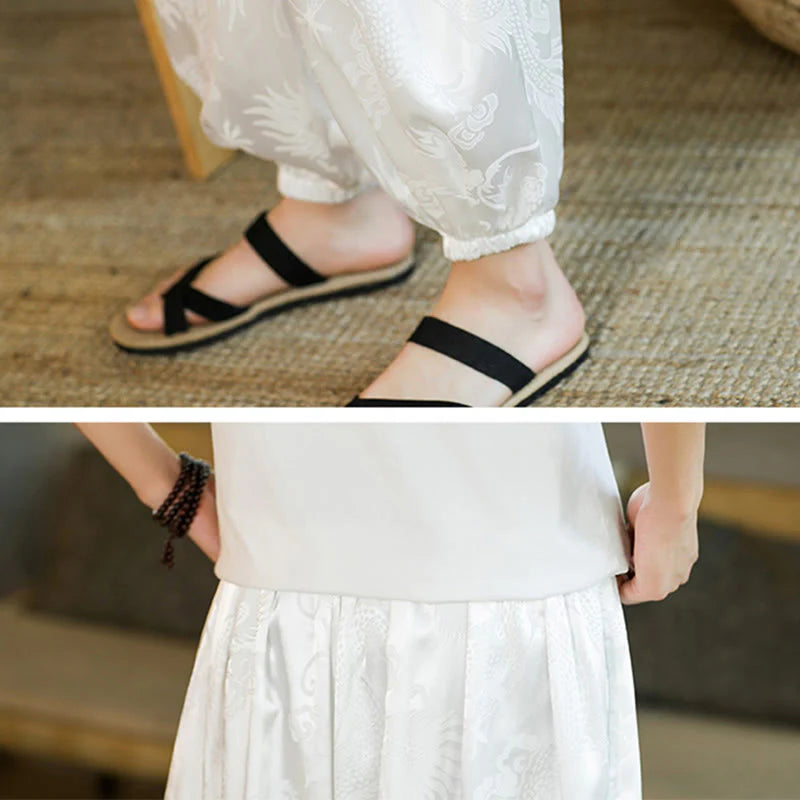 Pantalon Sarouel Ample pour Homme avec Motif de Dragon et Poches