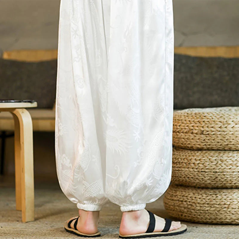 Pantalon Sarouel Ample pour Homme avec Motif de Dragon et Poches