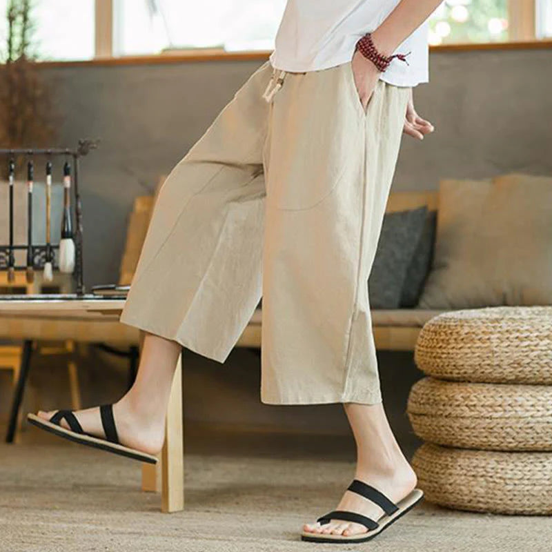 Pantalon Ample Mi-Long pour Homme en Lin Uni avec Poches