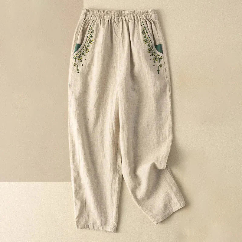 Pantalon Sarouel Capri Vintage pour Femme avec Taille Élastique, Broderie et Poches