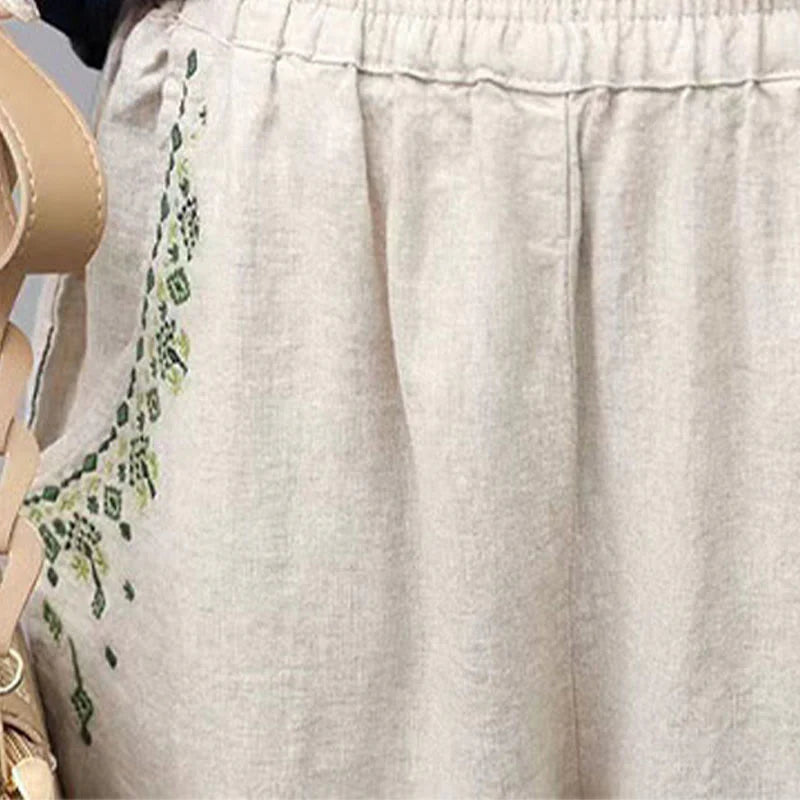 Pantalon Sarouel Capri Vintage pour Femme avec Taille Élastique, Broderie et Poches