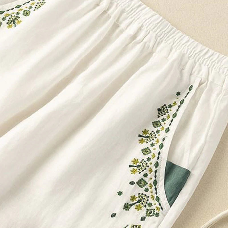 Pantalon Sarouel Capri Vintage pour Femme avec Taille Élastique, Broderie et Poches