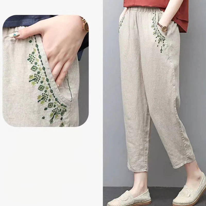 Pantalon Sarouel Capri Vintage pour Femme avec Taille Élastique, Broderie et Poches