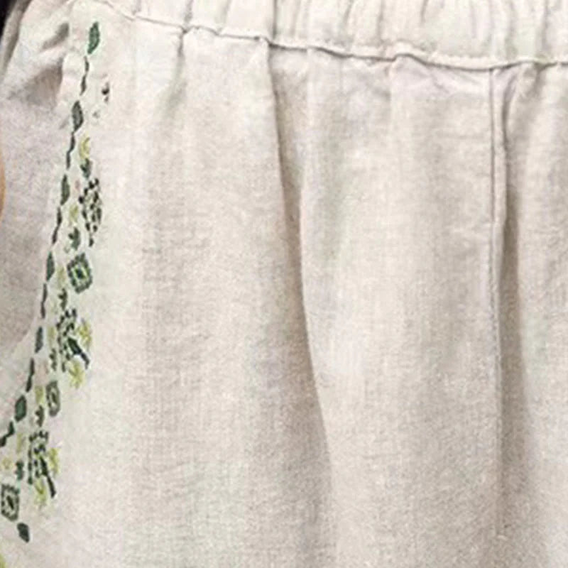 Pantalon Sarouel Capri Vintage pour Femme avec Taille Élastique, Broderie et Poches
